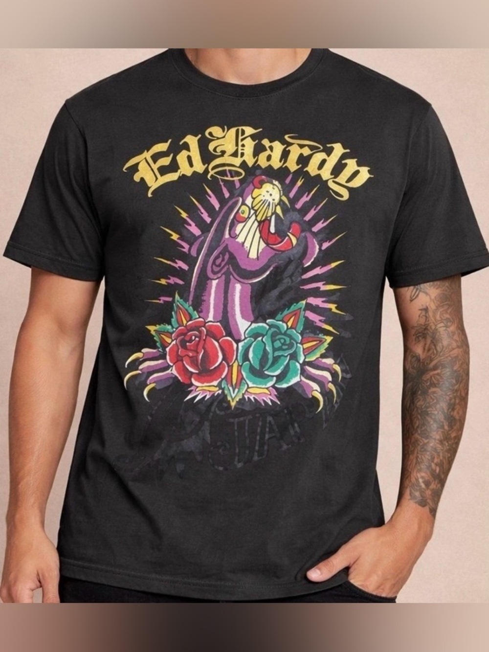 Ed Hardy Black Tee with Red and Teal Rose Graphic